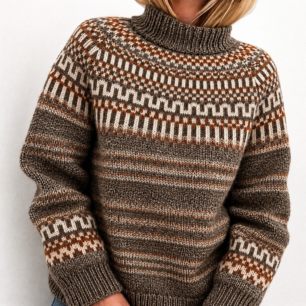 Oona - Women's Fair Isle Turtleneck Sweater with Knit Pattern