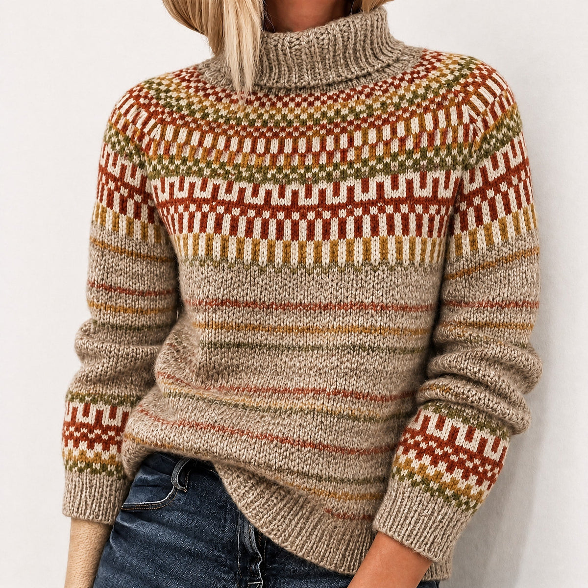 Oona - Women's Fair Isle Turtleneck Sweater with Knit Pattern