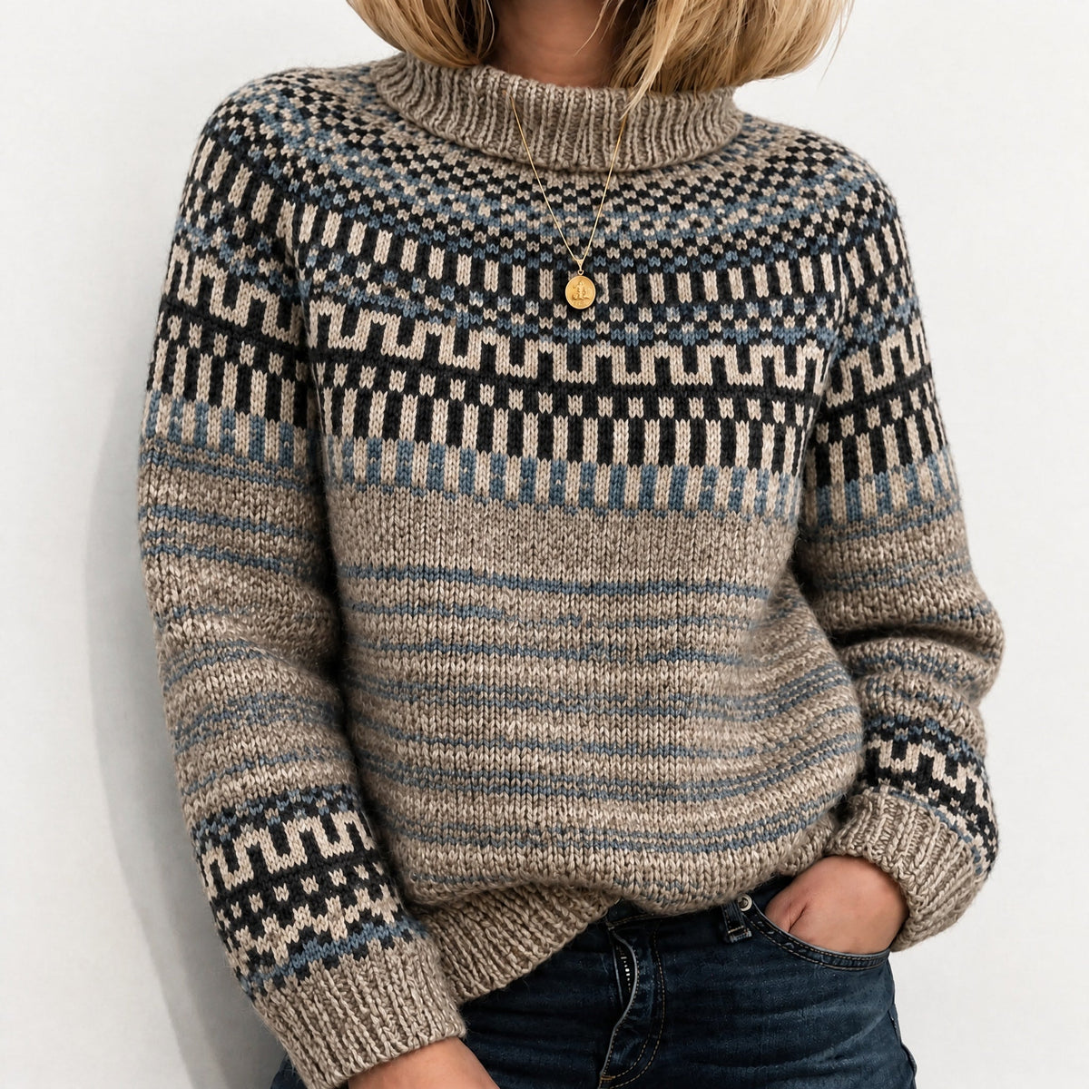 Oona - Women's Fair Isle Turtleneck Sweater with Knit Pattern