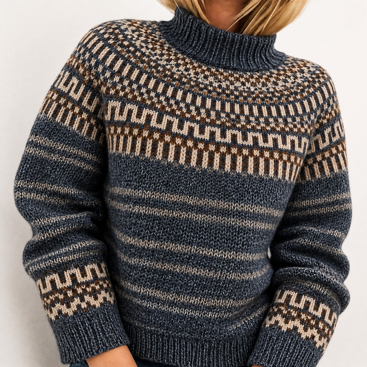Oona - Women's Fair Isle Turtleneck Sweater with Knit Pattern