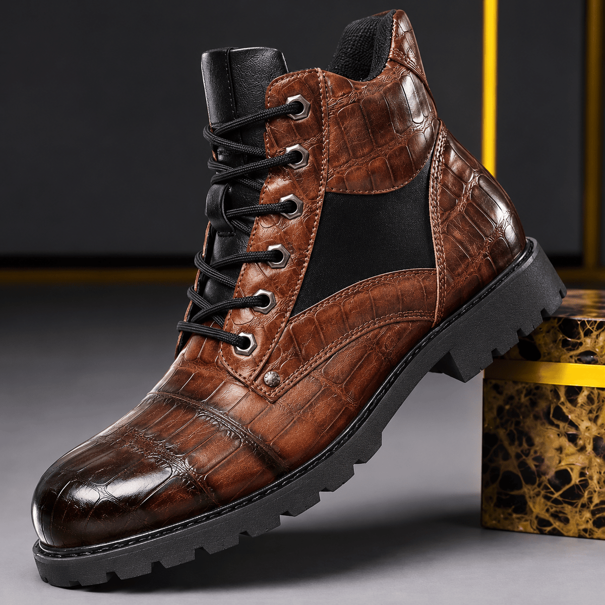 Marcus - Men's Croc-Embossed Lace-Up Ankle Boots