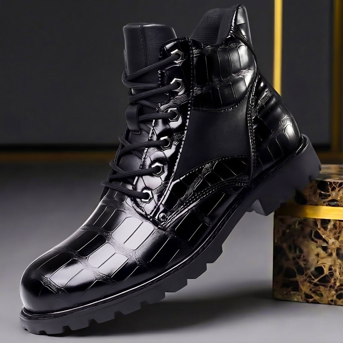 Marcus - Men's Croc-Embossed Lace-Up Ankle Boots