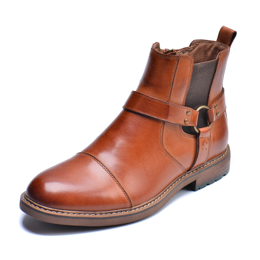 Jasper - Men's Buckle Strap Harness Ankle Boots with Cap Toe Design