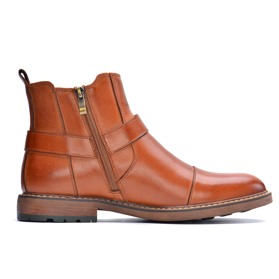 Jasper - Men's Buckle Strap Harness Ankle Boots with Cap Toe Design