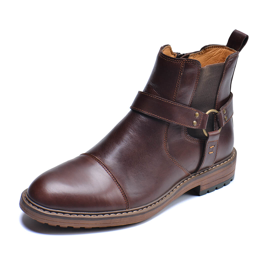 Jasper - Men's Buckle Strap Harness Ankle Boots with Cap Toe Design