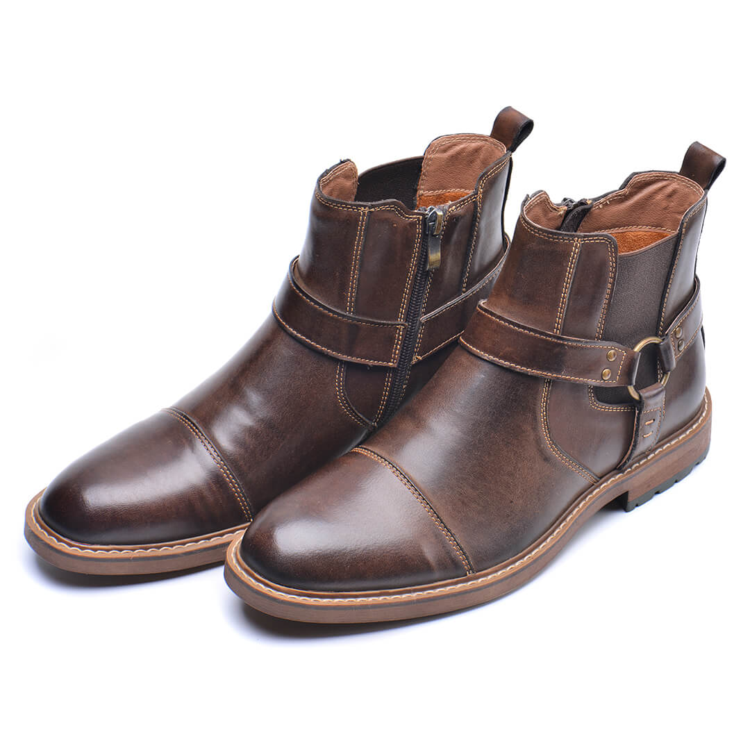 Jasper - Men's Buckle Strap Harness Ankle Boots with Cap Toe Design