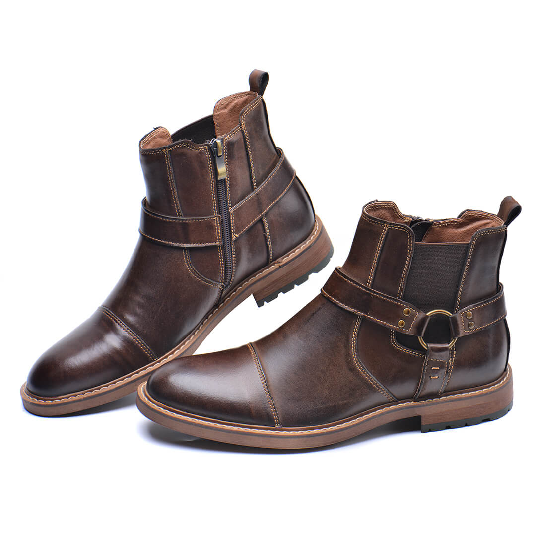 Jasper - Men's Buckle Strap Harness Ankle Boots with Cap Toe Design