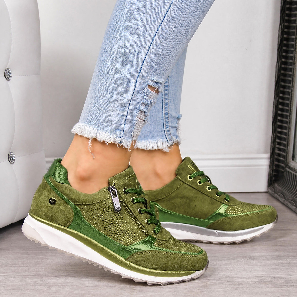 Rowan - Women's Supportive Lace-Up Sneaker with Rhinestone Detail