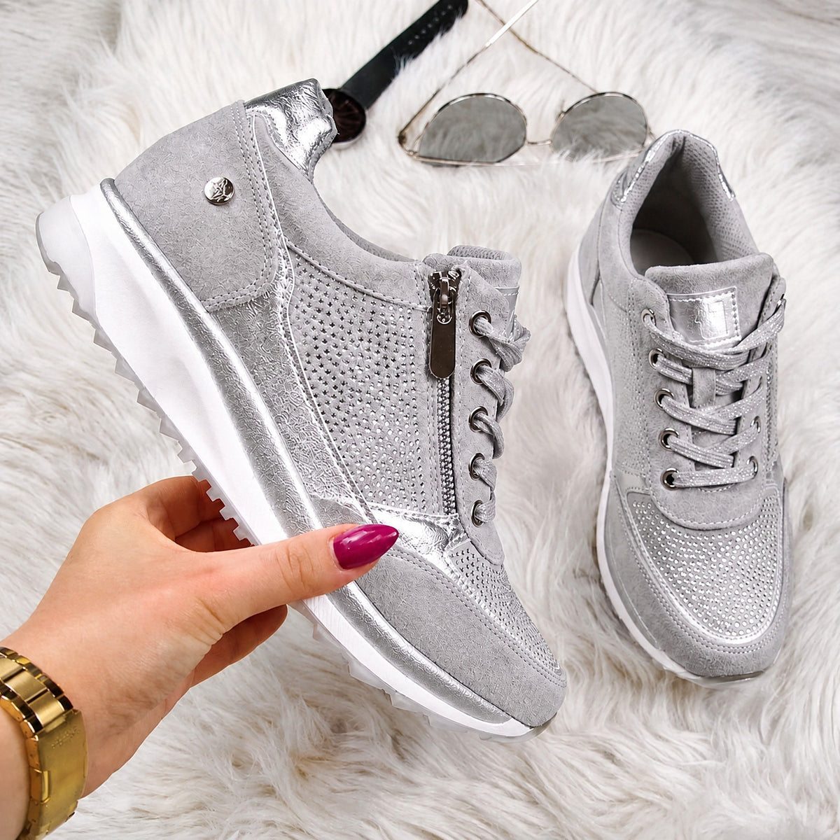 Rowan - Women's Supportive Lace-Up Sneaker with Rhinestone Detail