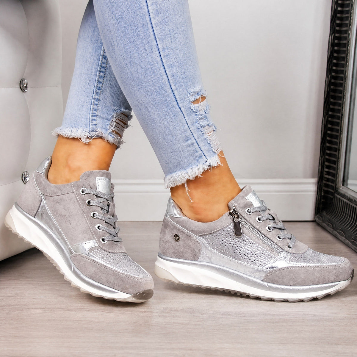 Rowan - Women's Supportive Lace-Up Sneaker with Rhinestone Detail