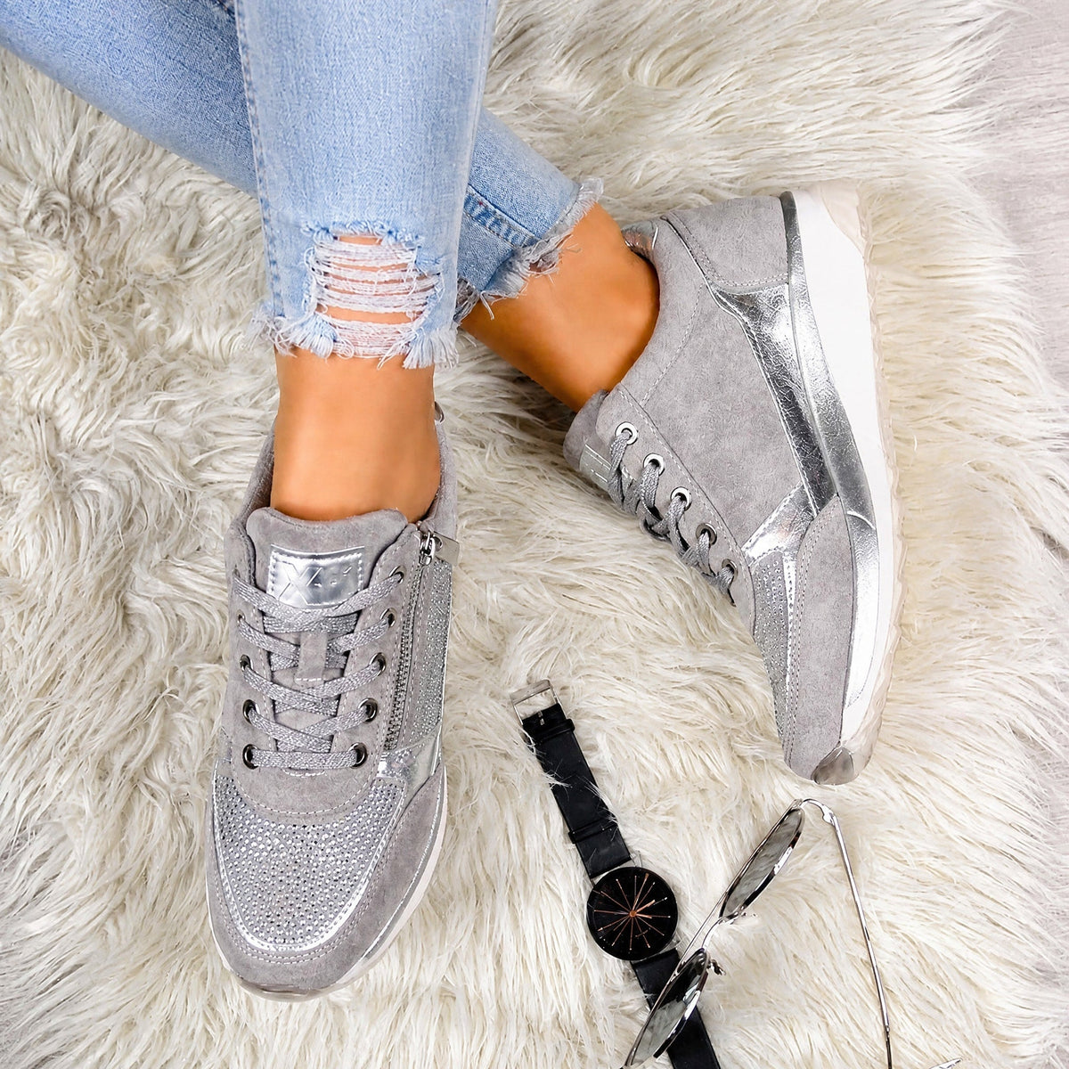 Rowan - Women's Supportive Lace-Up Sneaker with Rhinestone Detail