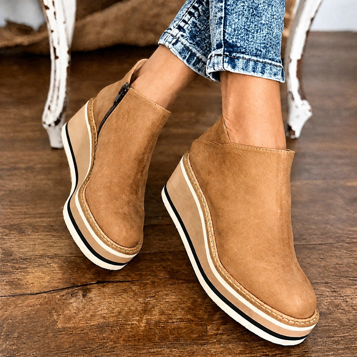 Rowan - Women's Supportive Platform Wedge Ankle Boots with Side Zip Closure