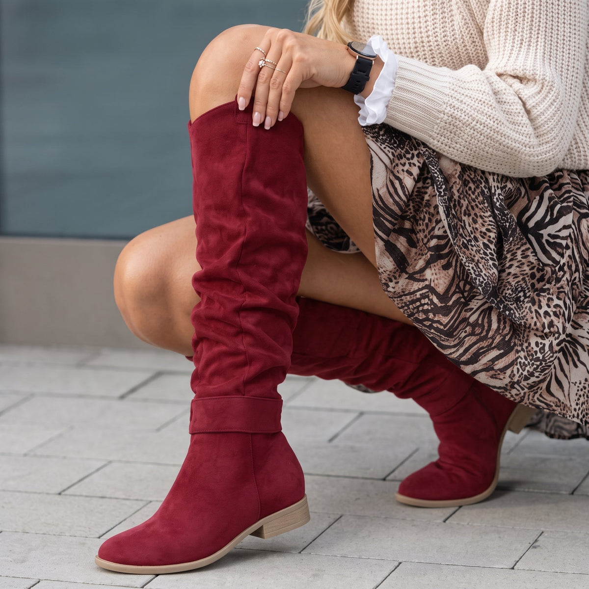 Rowan - Women's Slouchy Knee-High Suede Boots with Buckle Strap