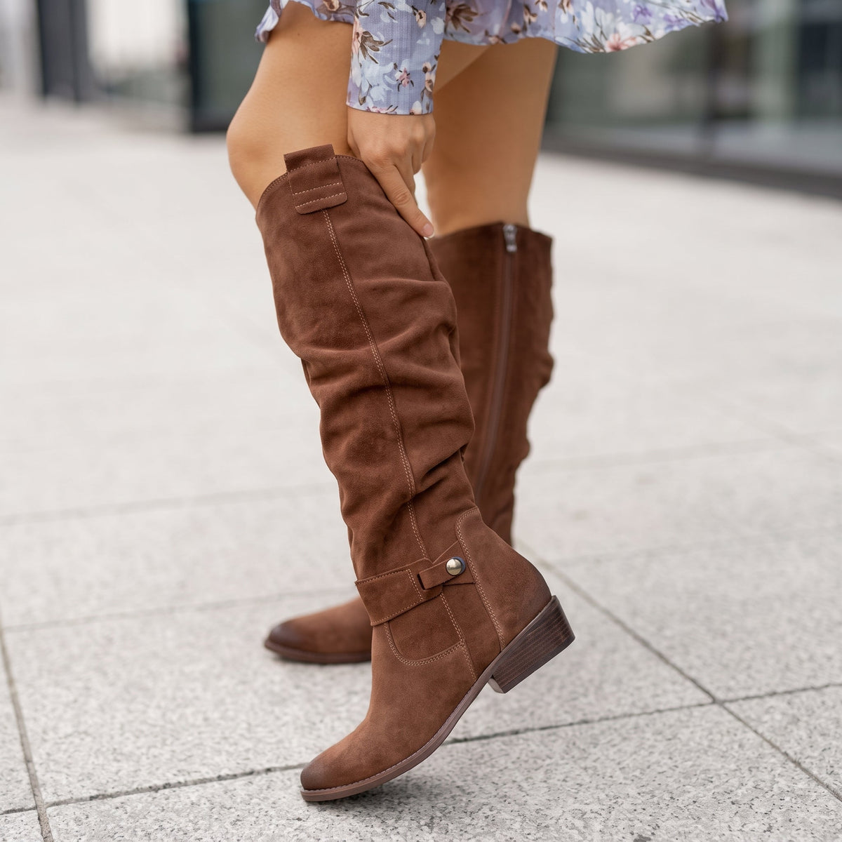 Rowan - Women's Slouchy Knee-High Suede Boots with Buckle Strap