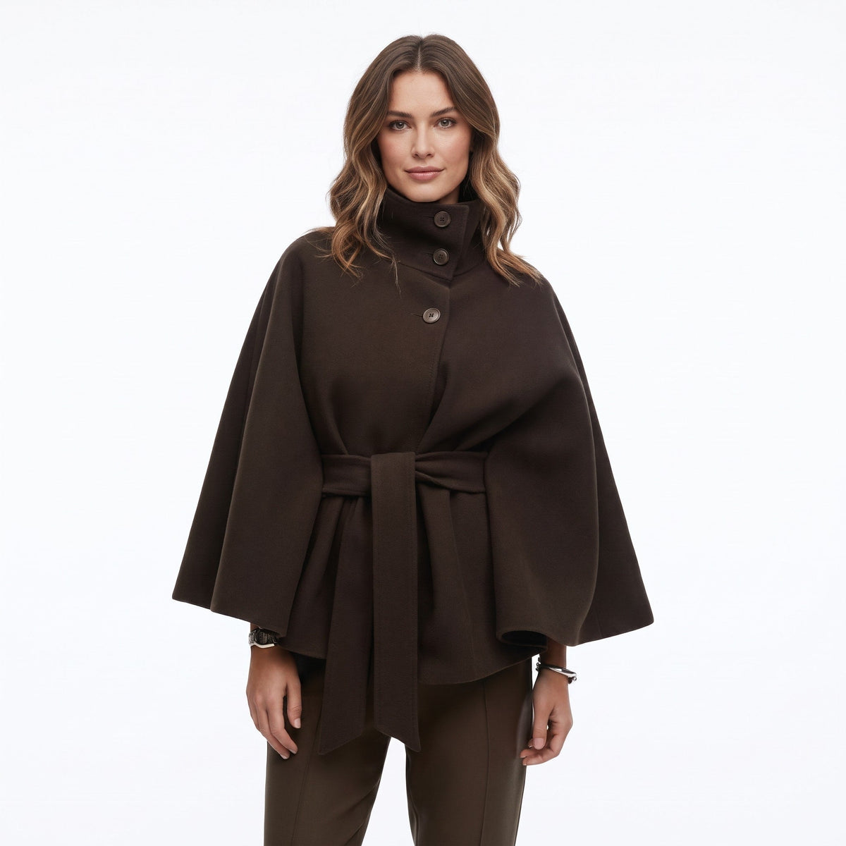 Sophia - Women's Belted Cape Coat with High Collar and Batwing Sleeves