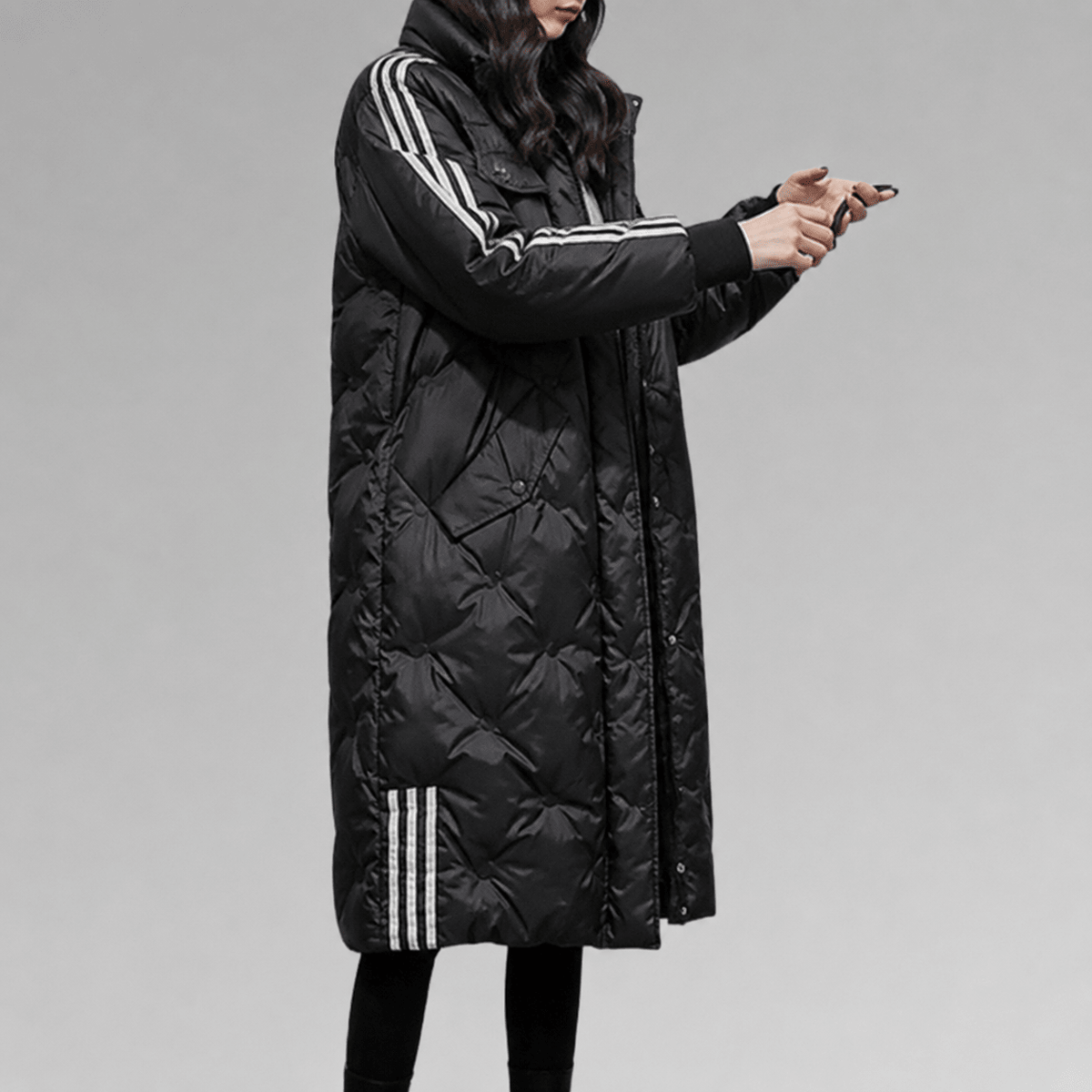 Sophia - Women's Hooded Longline Puffer Coat with Striped Cuffs