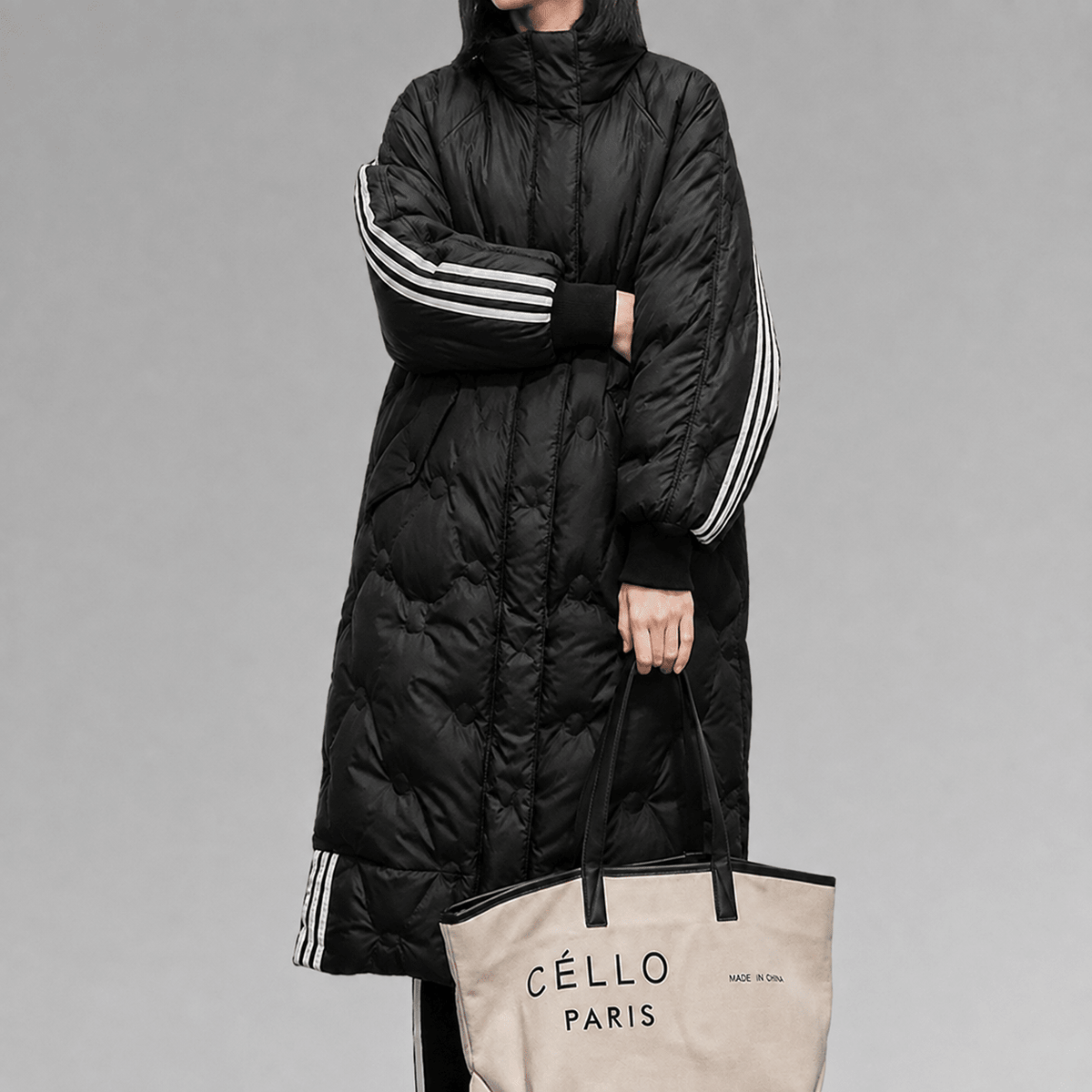 Sophia - Women's Hooded Longline Puffer Coat with Striped Cuffs