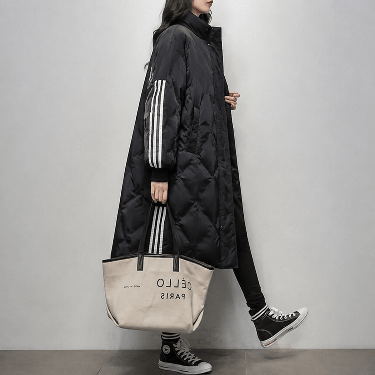 Sophia - Women's Hooded Longline Puffer Coat with Striped Cuffs