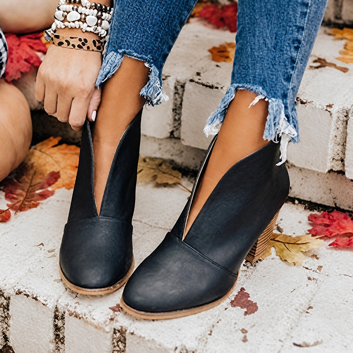 Sophie - Women's Almond Toe Ankle Boots with V-Cut Design and Block Heel