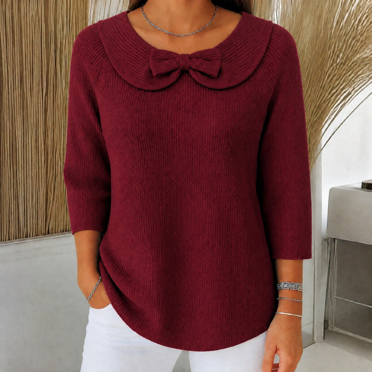 Sophie - Women's Bow Collar Ribbed Knit Sweater with Three-Quarter Sleeves