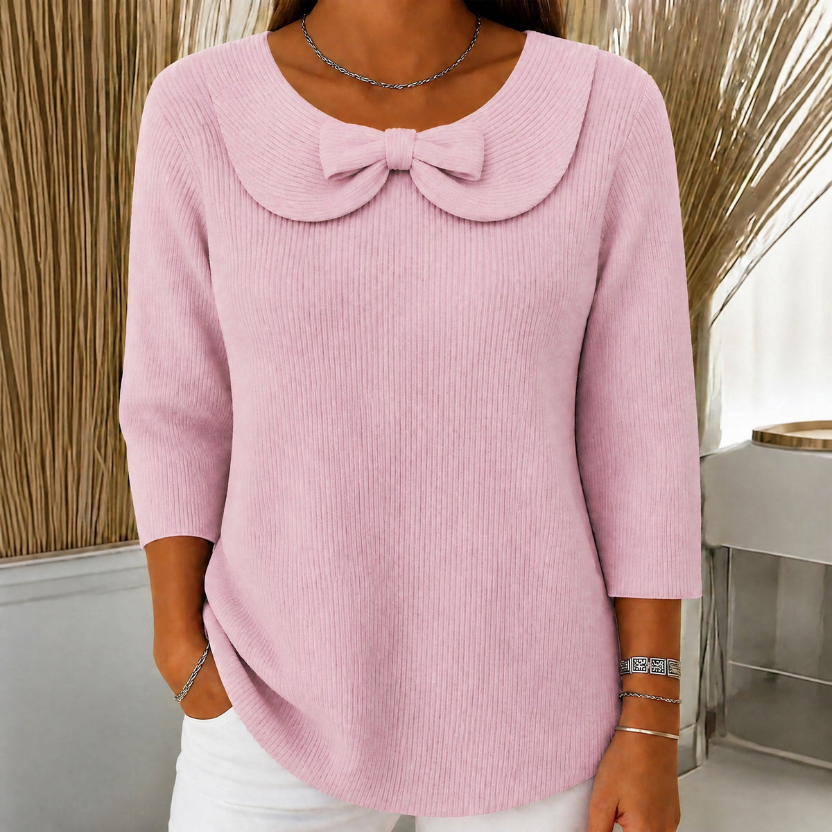 Sophie - Women's Bow Collar Ribbed Knit Sweater with Three-Quarter Sleeves