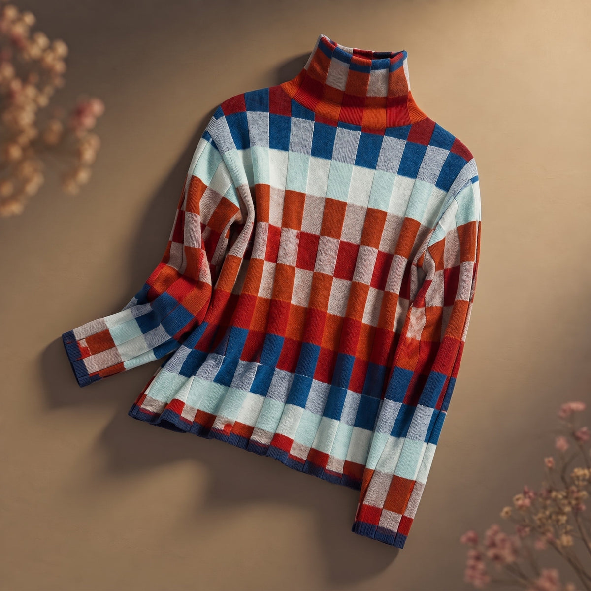 Sophie - Women's Checkered Turtleneck Sweater with Ribbed Cuffs
