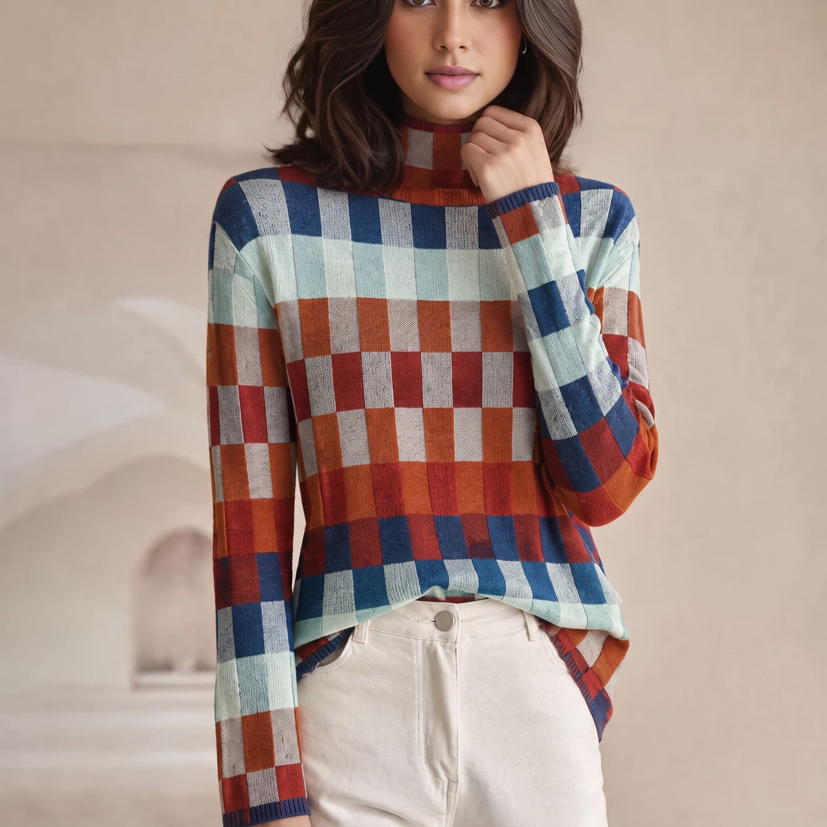 Sophie - Women's Checkered Turtleneck Sweater with Ribbed Cuffs