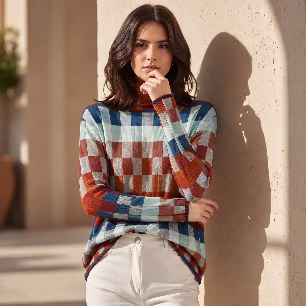 Sophie - Women's Checkered Turtleneck Sweater with Ribbed Cuffs