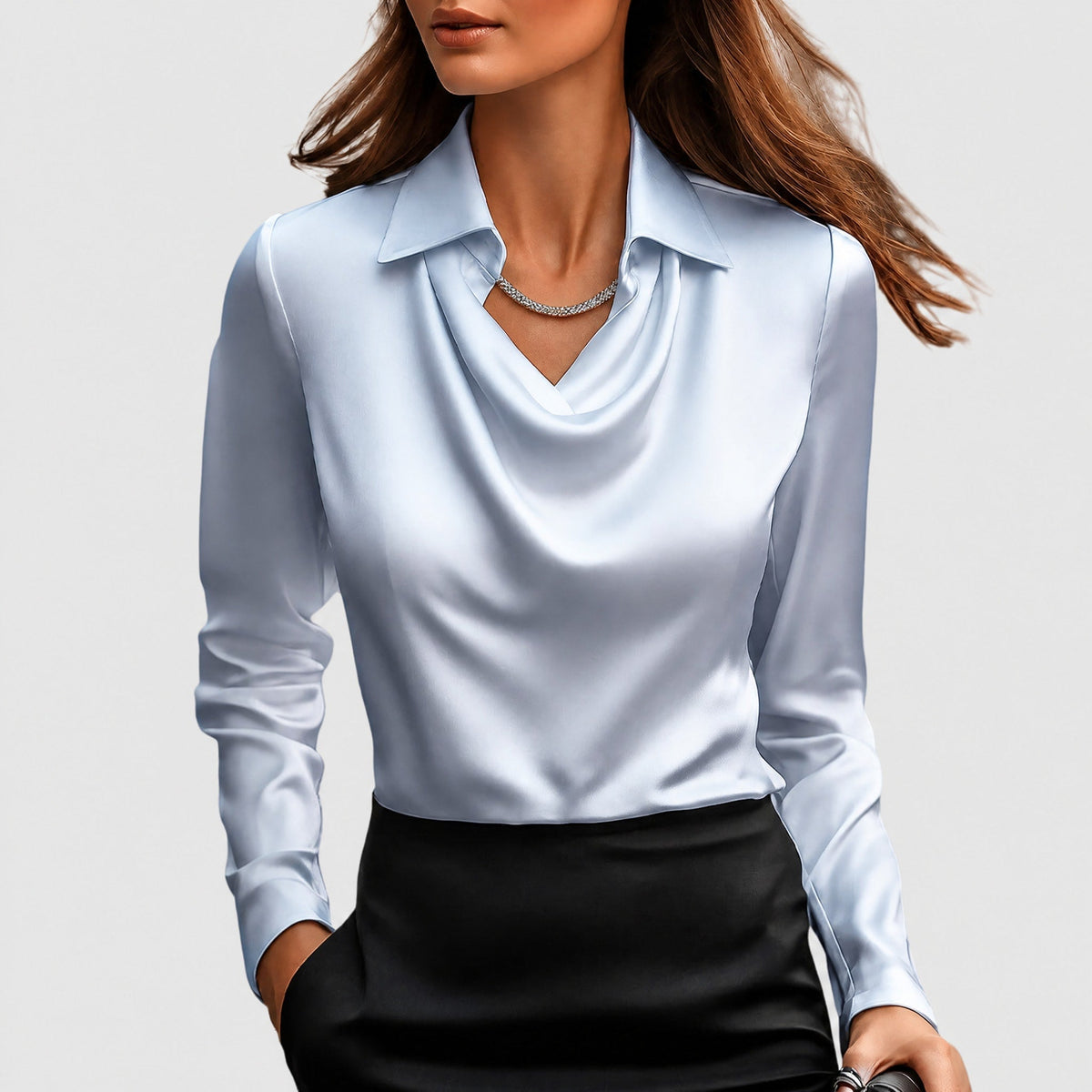 Sophie - Women's Cowl Neck Draped Blouse with Draped Collar