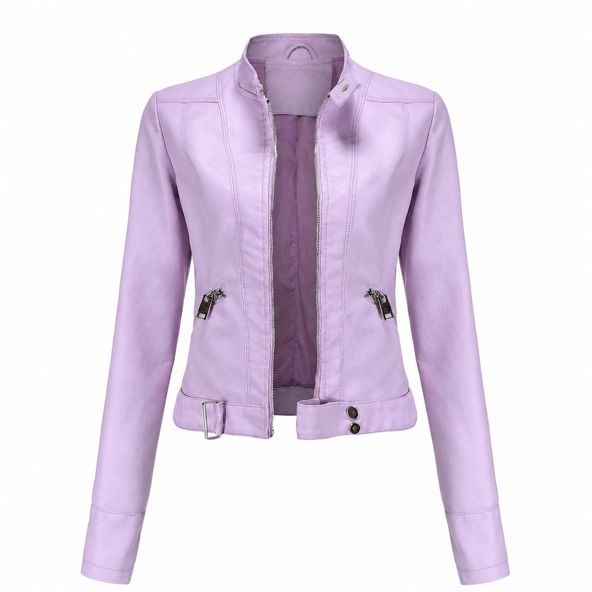 Sophie - Women's Cropped Moto Jacket with Stand Collar and Zip Pockets