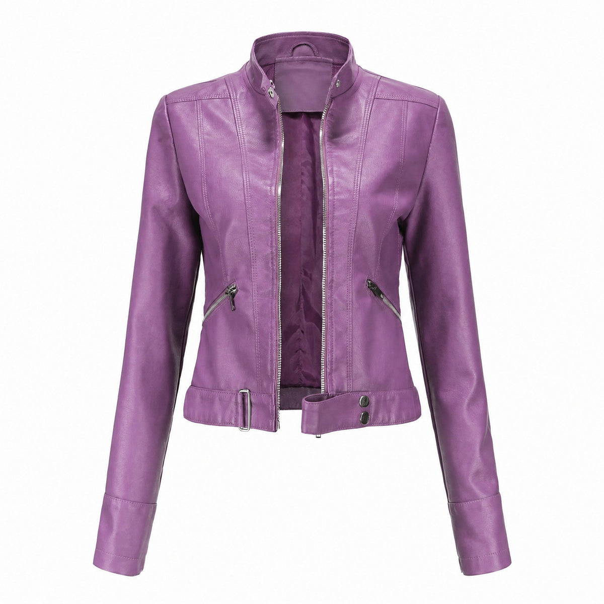 Sophie - Women's Cropped Moto Jacket with Stand Collar and Zip Pockets
