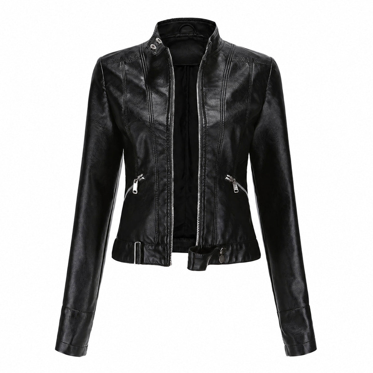 Sophie - Women's Cropped Moto Jacket with Stand Collar and Zip Pockets