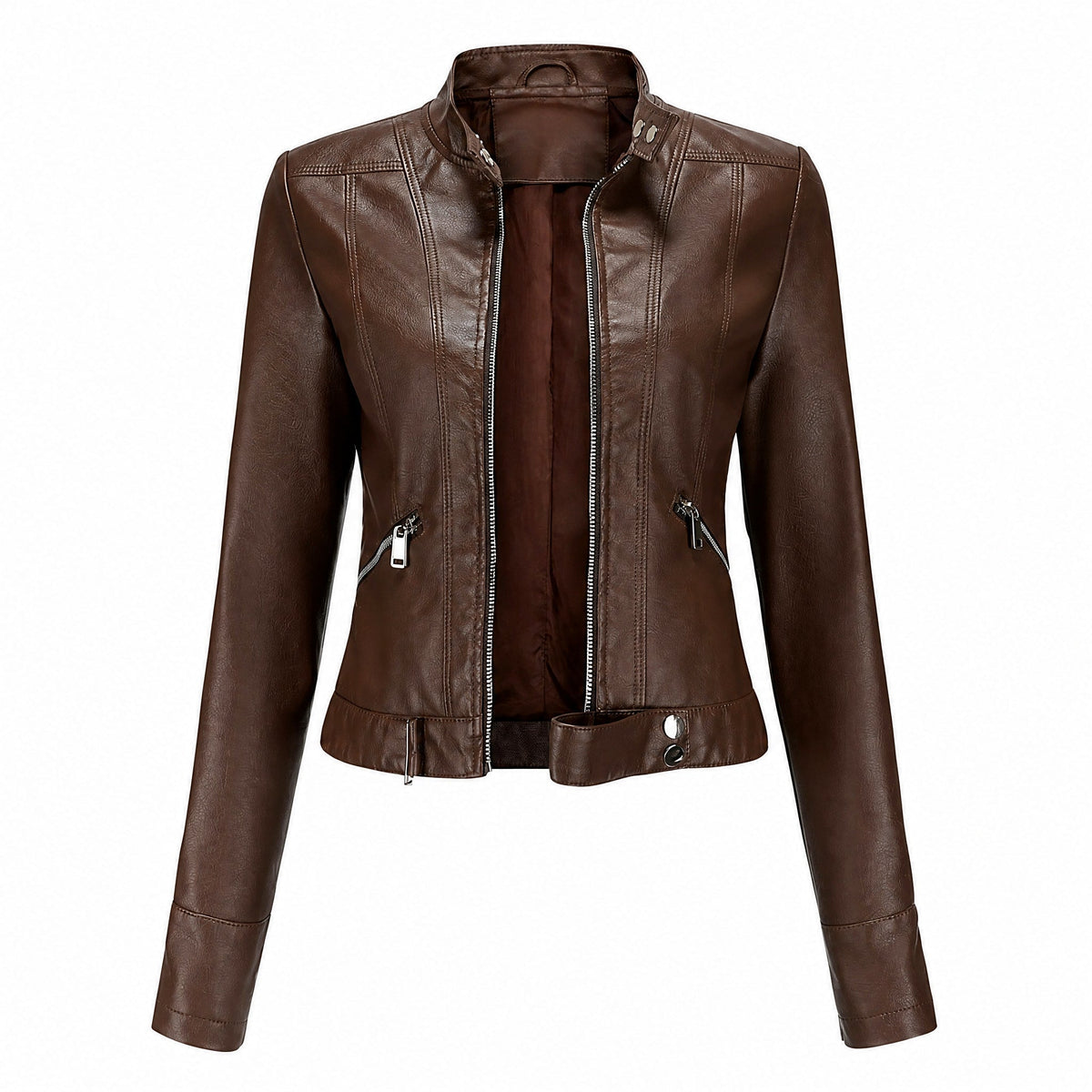 Sophie - Women's Cropped Moto Jacket with Stand Collar and Zip Pockets