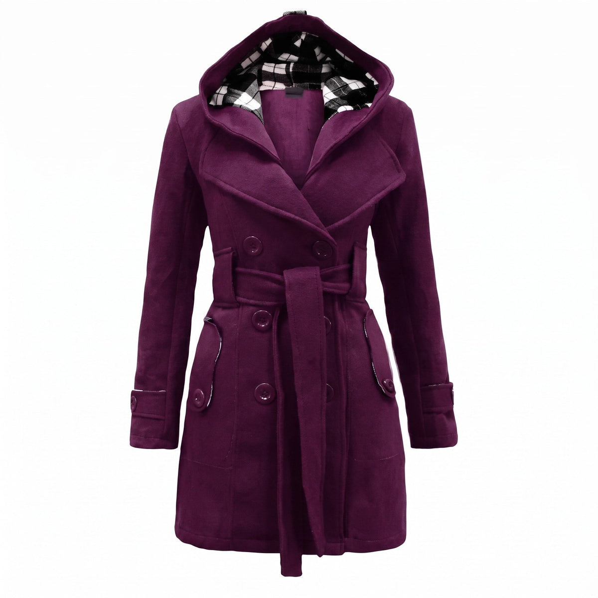 Sophie - Women's Double-Breasted Hooded Wool Coat with Belted Waist