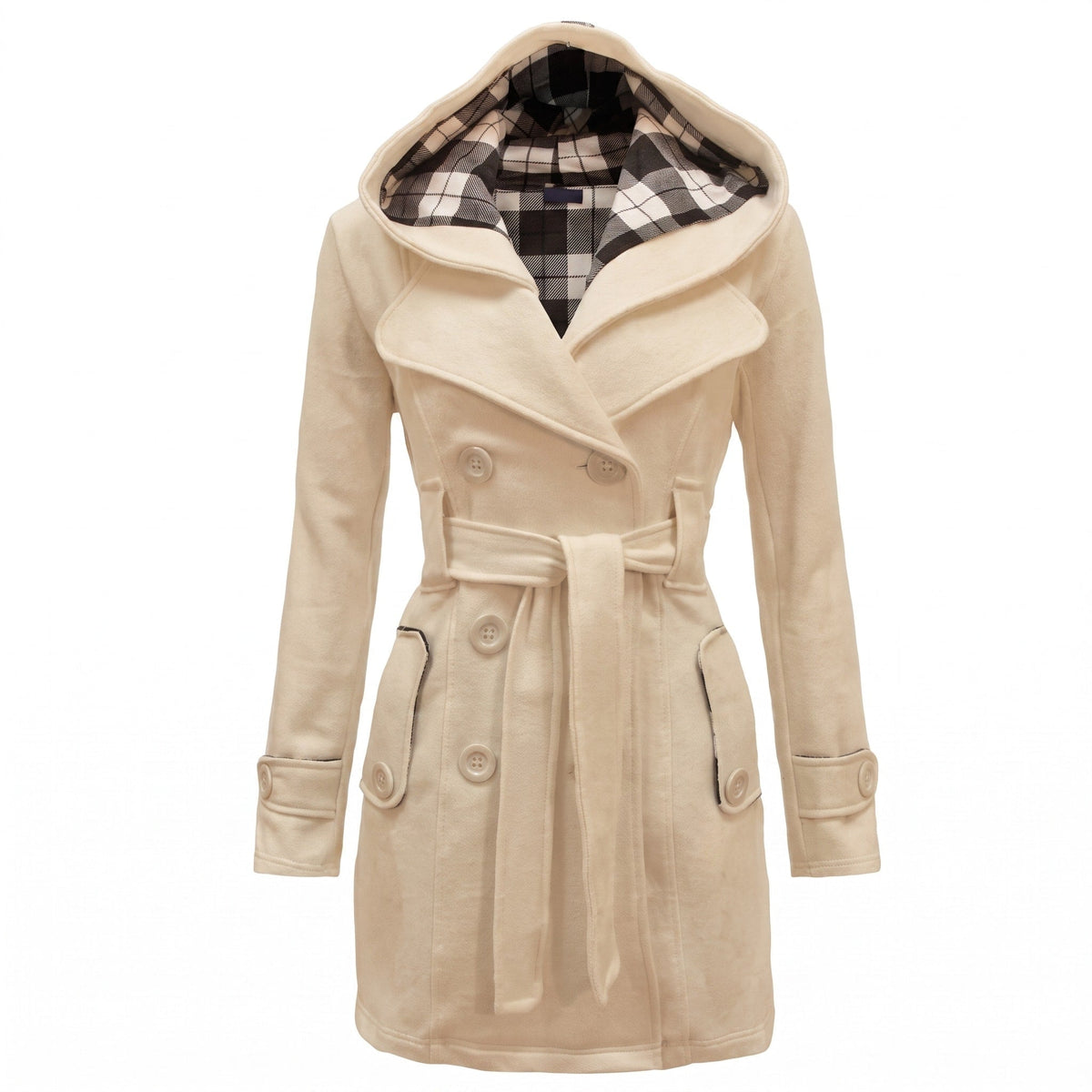 Sophie - Women's Double-Breasted Hooded Wool Coat with Belted Waist