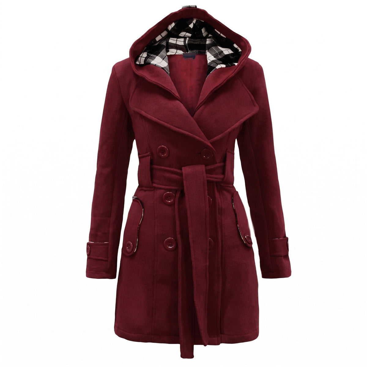 Sophie - Women's Double-Breasted Hooded Wool Coat with Belted Waist