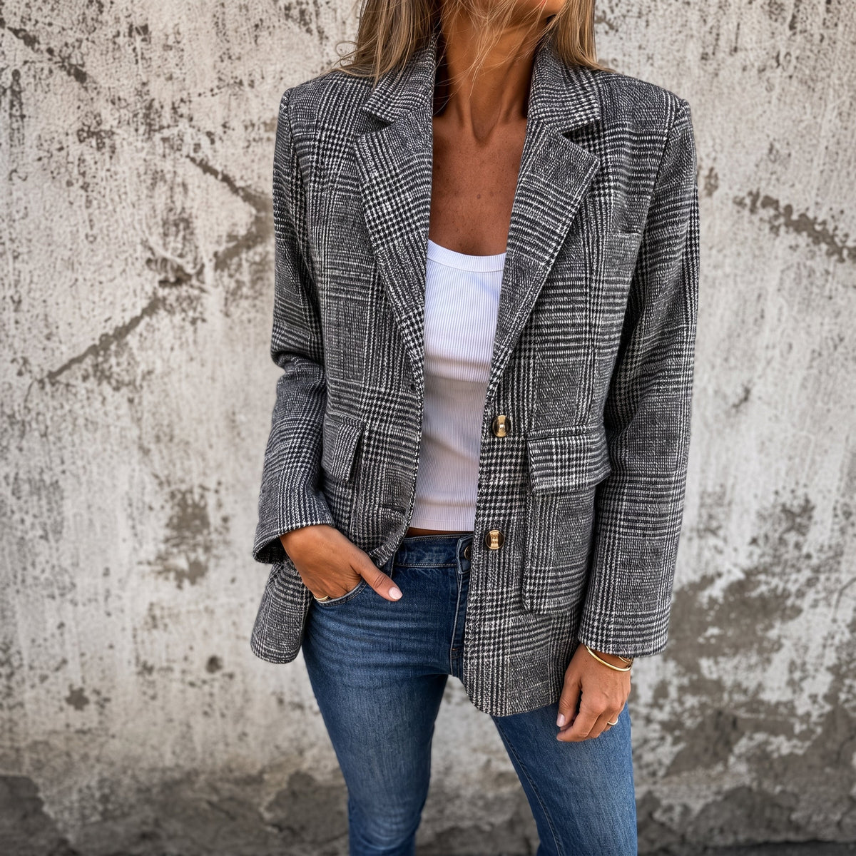 Sophie - Women's Double-Breasted Plaid Blazer with Notch Lapel
