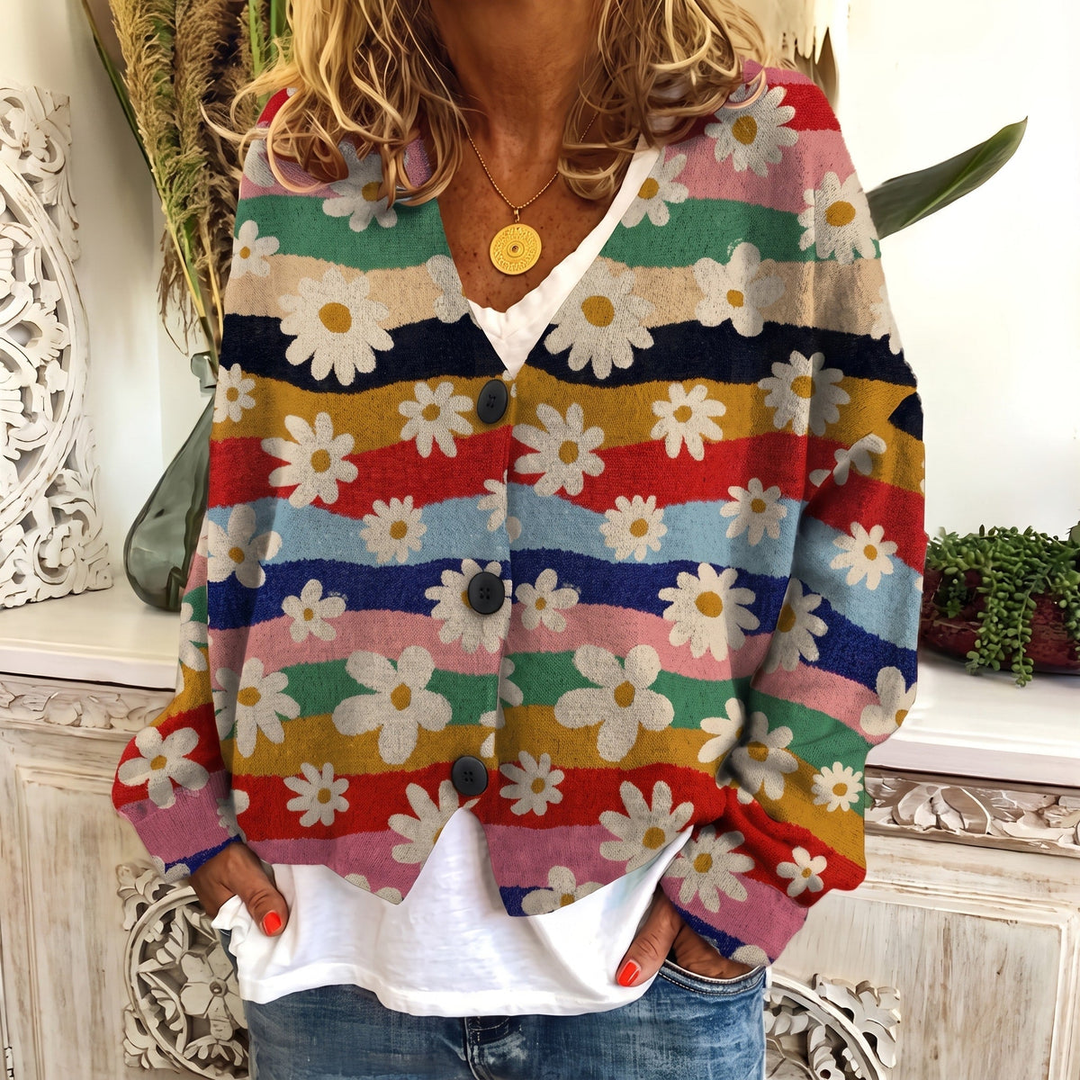 Sophie - Women's Floral Print Button-Front Cardigan
