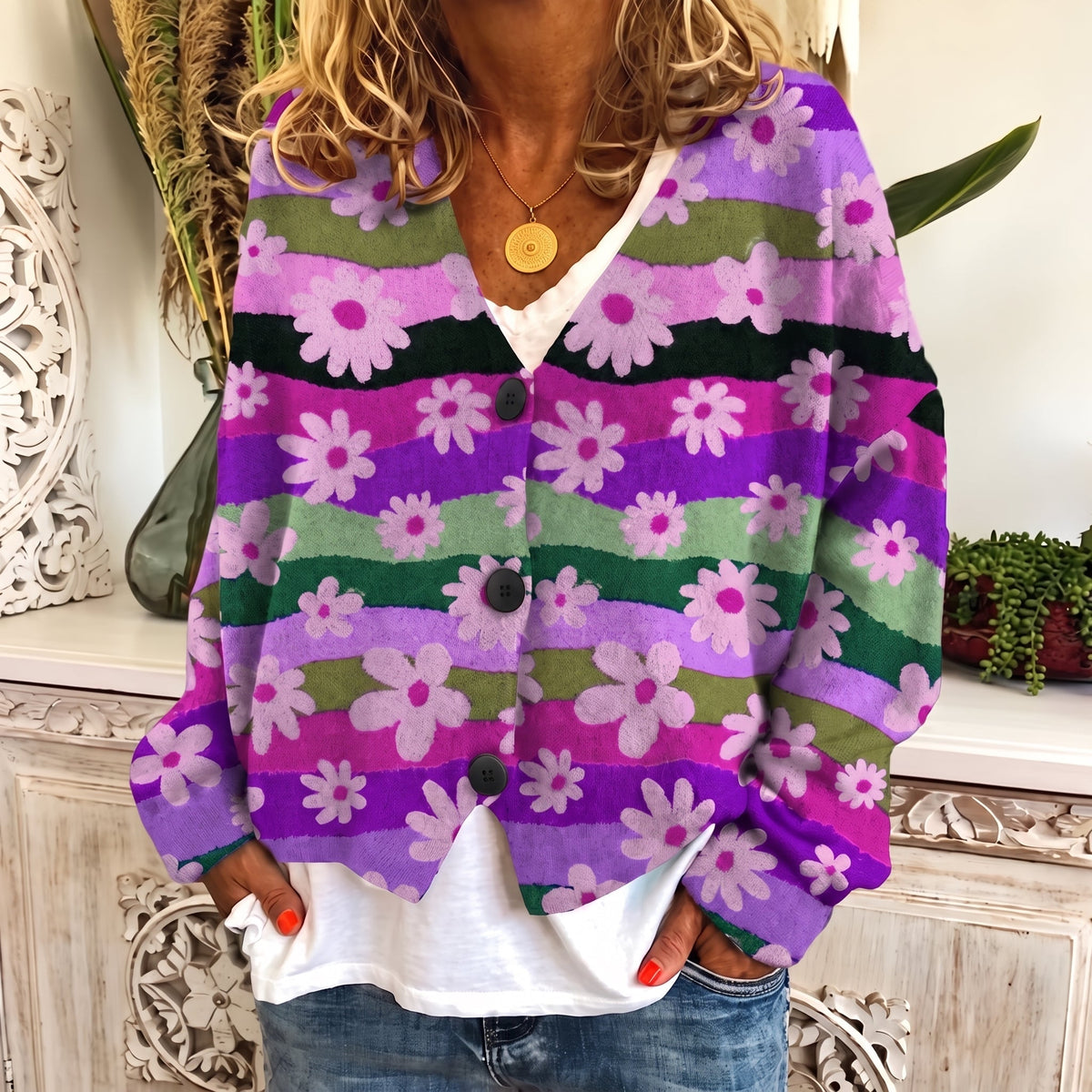 Sophie - Women's Floral Print Button-Front Cardigan