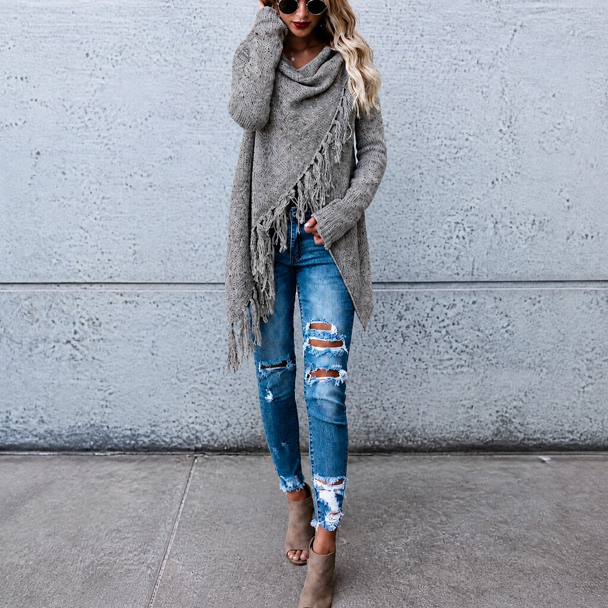 Sophie - Women's Fringe Waterfall Cardigan with Asymmetric Hem