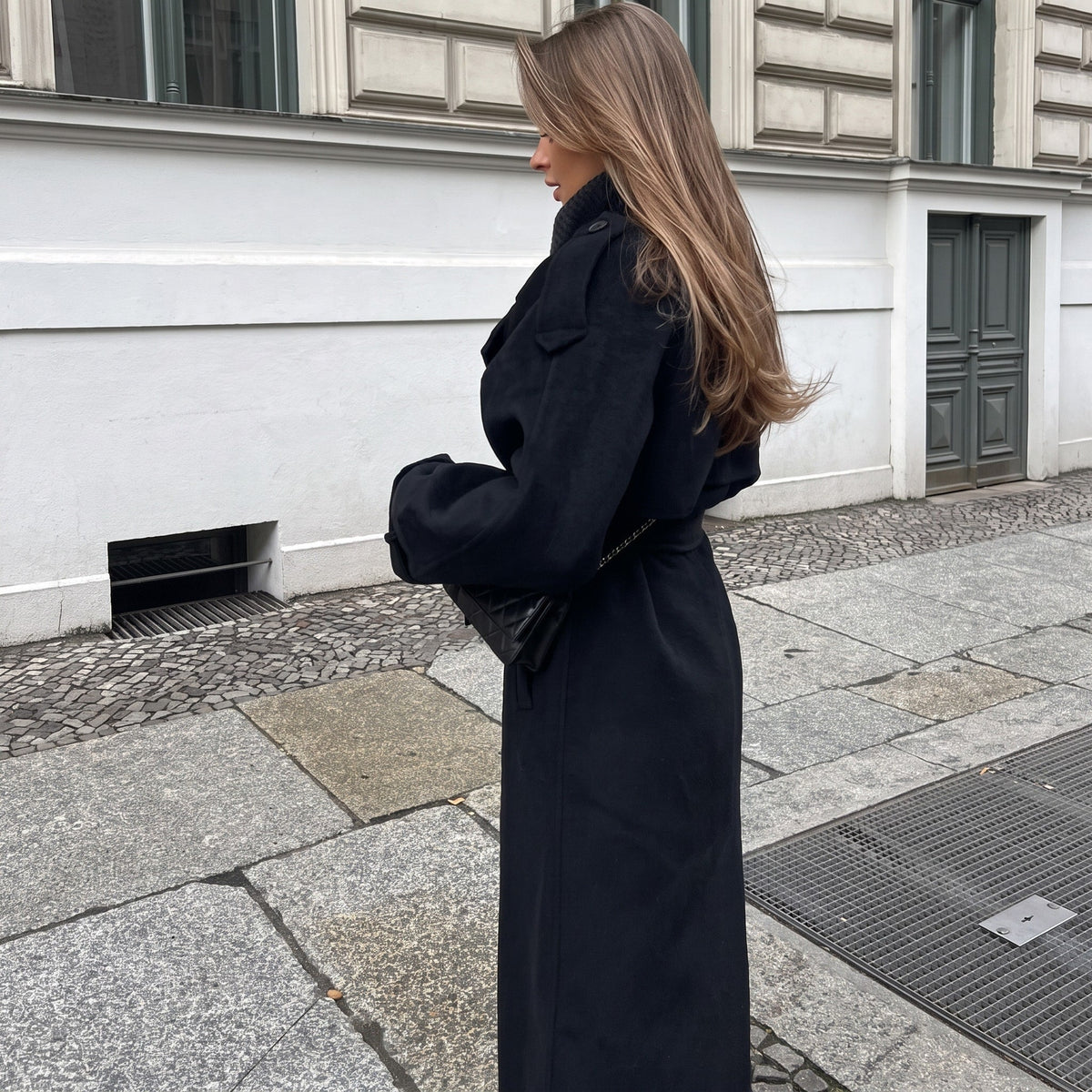 Sophie - Women's Longline Double-Breasted Trench Coat with Belted Waist