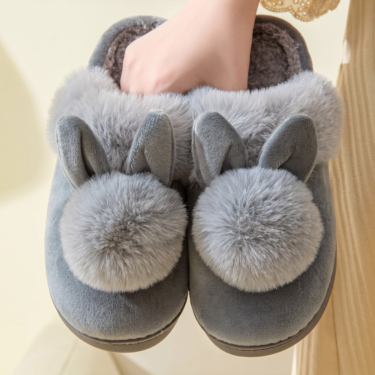 Willow - Women's Bunny Ear Fur Slippers with Pom-Pom Detail