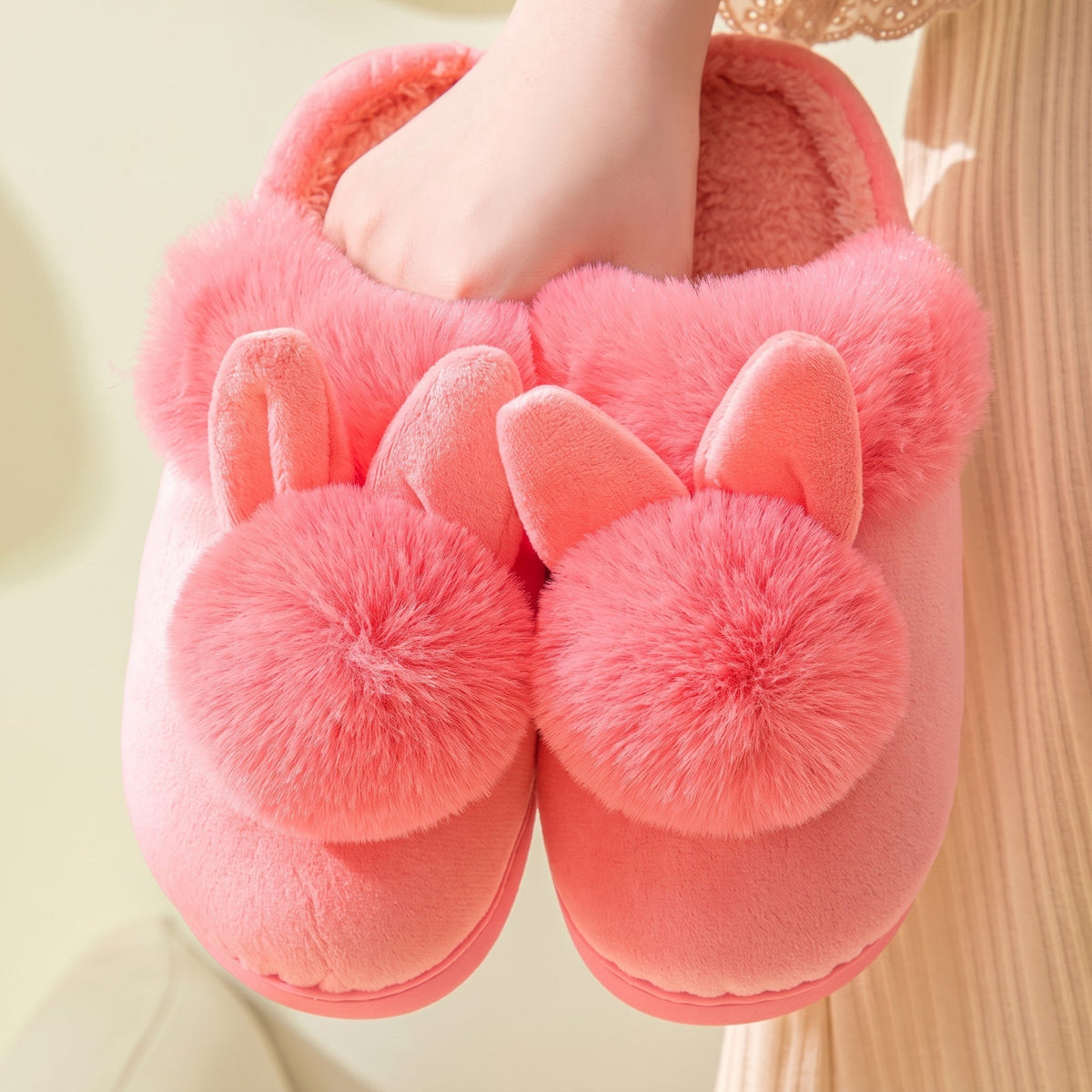 Willow - Women's Bunny Ear Fur Slippers with Pom-Pom Detail