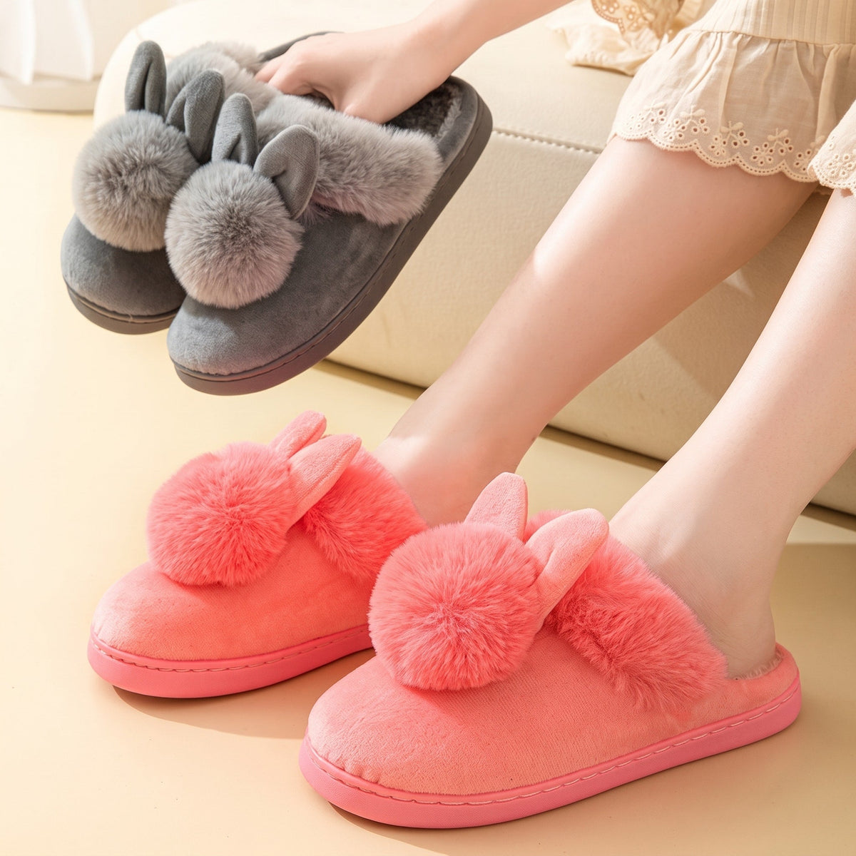 Willow - Women's Bunny Ear Fur Slippers with Pom-Pom Detail