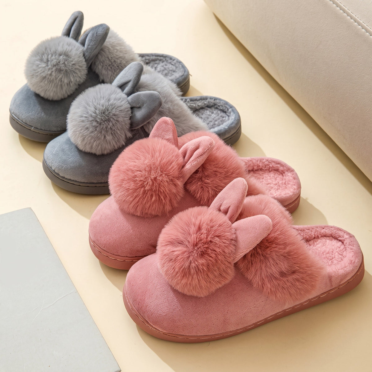 Willow - Women's Bunny Ear Fur Slippers with Pom-Pom Detail