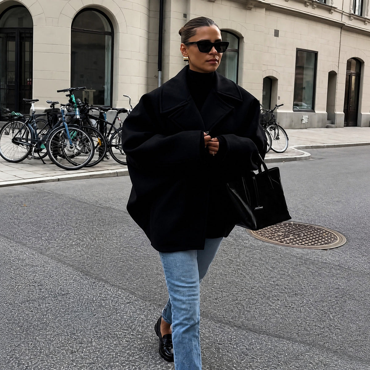 Sophie - Women's Oversized Cropped Wool-Look Jacket with Wide Collar