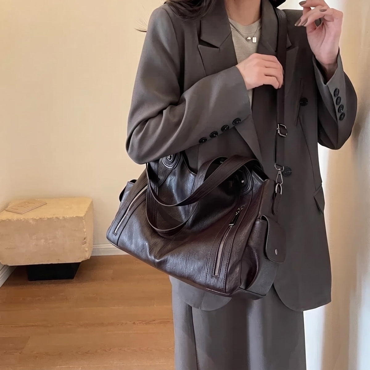 Sophie - Women's Zip Pocket Slouchy Shoulder Tote Bag