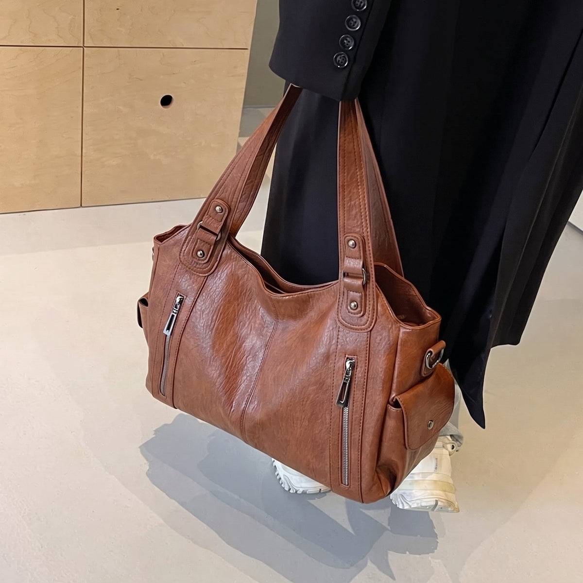 Sophie - Women's Zip Pocket Slouchy Shoulder Tote Bag