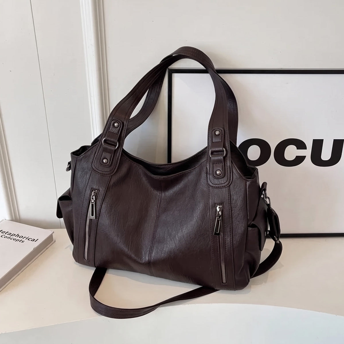 Sophie - Women's Zip Pocket Slouchy Shoulder Tote Bag