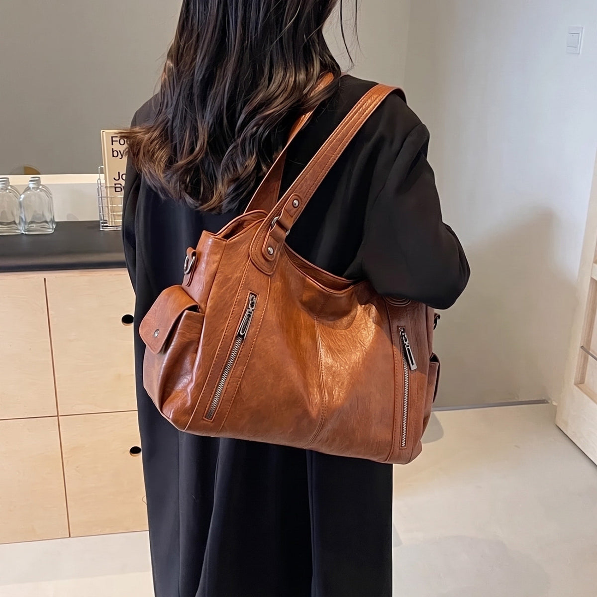 Sophie - Women's Zip Pocket Slouchy Shoulder Tote Bag